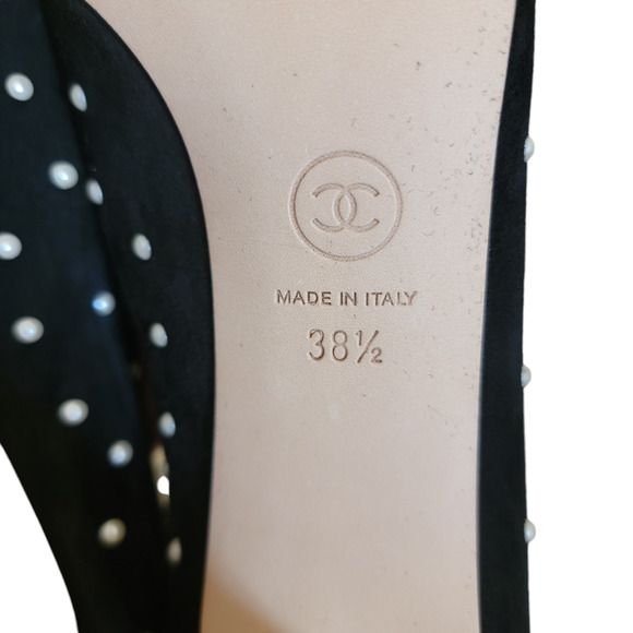 Chanel Black Suede Leather CC Logo Cap Toe High Heels Pearl Pumps 8 38.5 G33423 - Picture 13 of 14